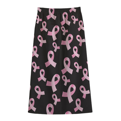 Pink Breast Cancer Ribbon Pattern Print Cotton Front Slit Maxi Skirt