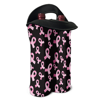 Pink Breast Cancer Ribbon Pattern Print Double Neoprene Wine Tote
