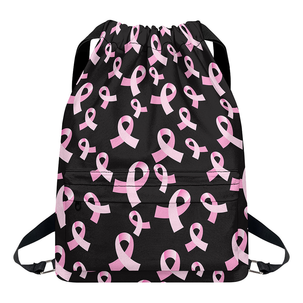 Pink Breast Cancer Ribbon Pattern Print Drawstring Backpack