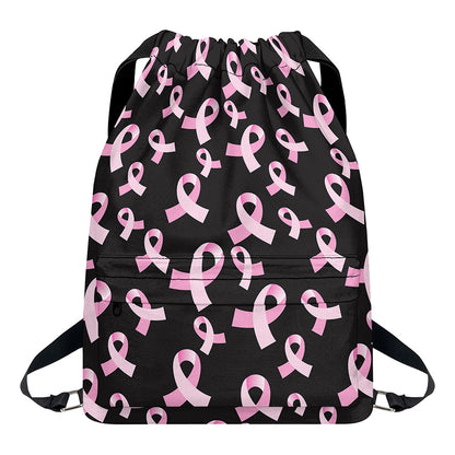 Pink Breast Cancer Ribbon Pattern Print Drawstring Backpack