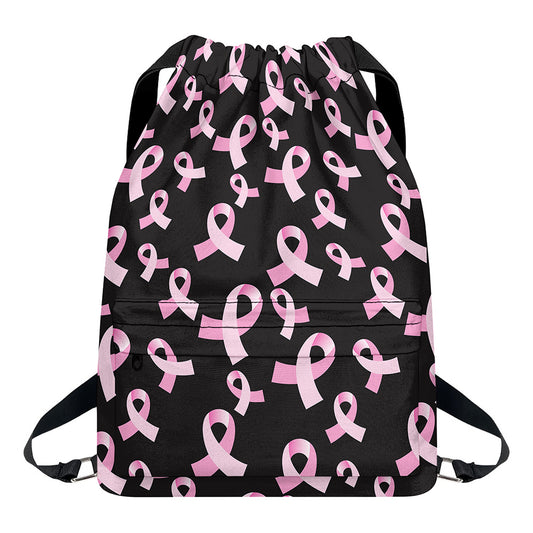 Pink Breast Cancer Ribbon Pattern Print Drawstring Backpack