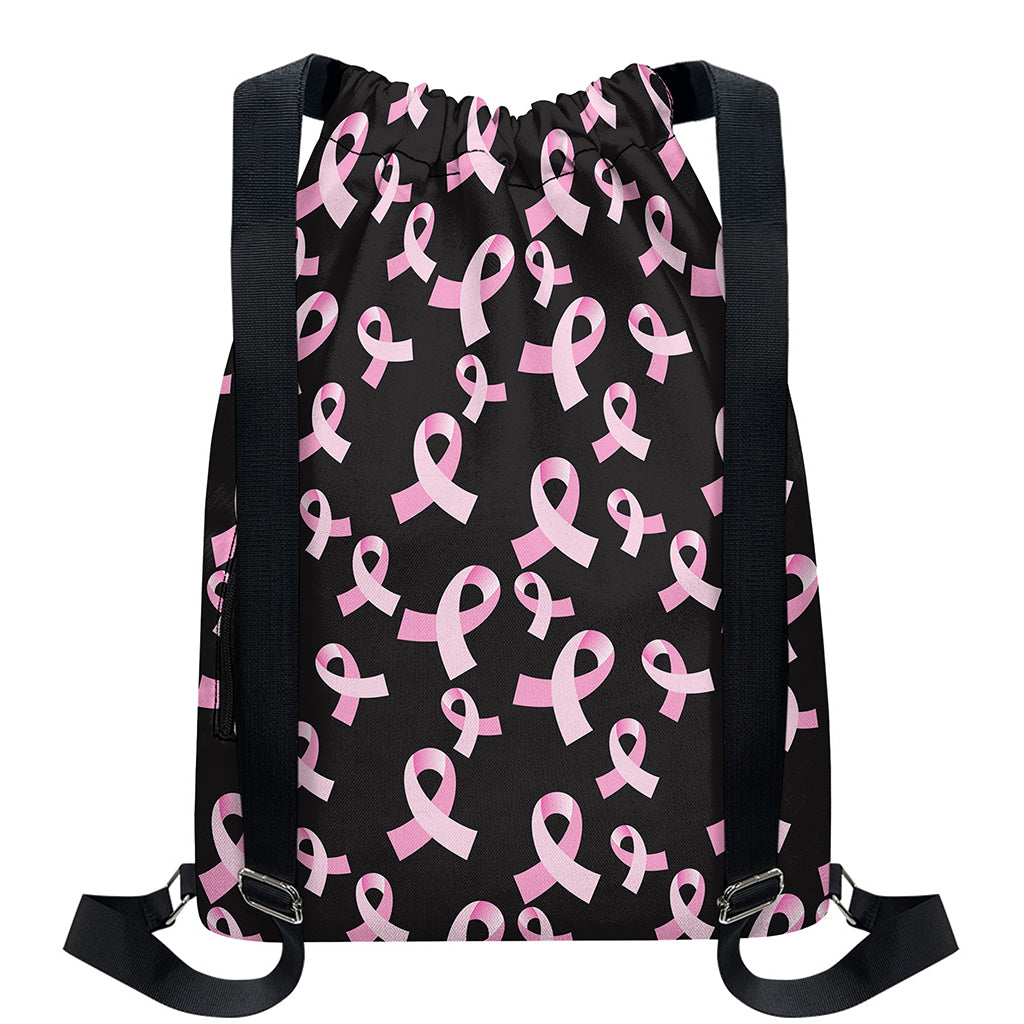 Pink Breast Cancer Ribbon Pattern Print Drawstring Backpack