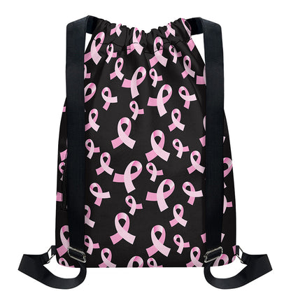 Pink Breast Cancer Ribbon Pattern Print Drawstring Backpack