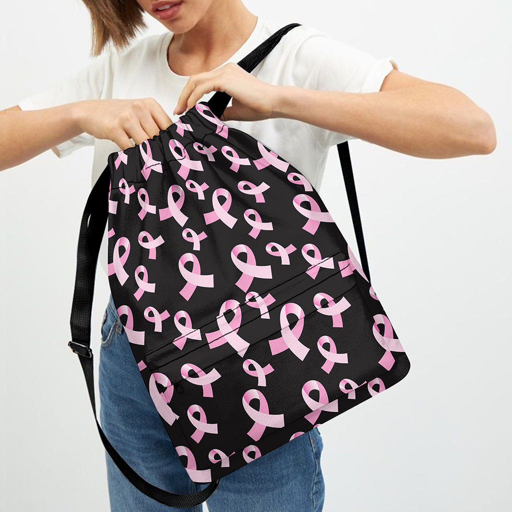 Pink Breast Cancer Ribbon Pattern Print Drawstring Backpack