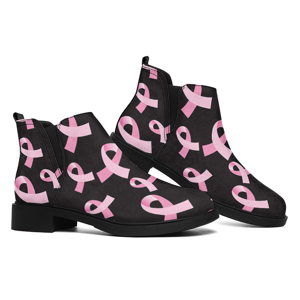 Pink Breast Cancer Ribbon Pattern Print Flat Ankle Boots