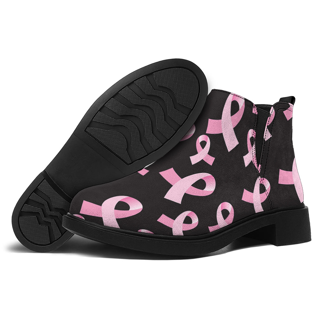 Pink Breast Cancer Ribbon Pattern Print Flat Ankle Boots