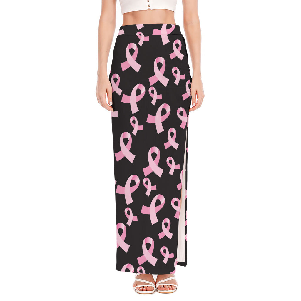 Pink Breast Cancer Ribbon Pattern Print High Slit Maxi Skirt