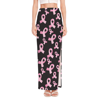 Pink Breast Cancer Ribbon Pattern Print High Slit Maxi Skirt