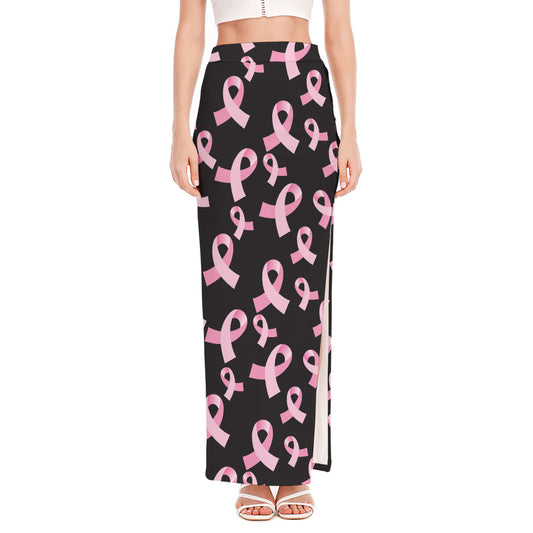 Pink Breast Cancer Ribbon Pattern Print High Slit Maxi Skirt