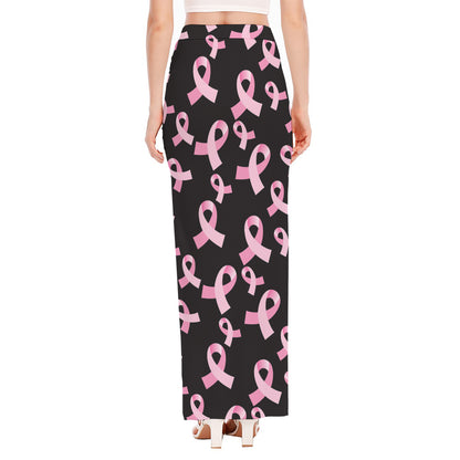 Pink Breast Cancer Ribbon Pattern Print High Slit Maxi Skirt