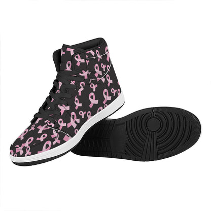 Pink Breast Cancer Ribbon Pattern Print High Top Leather Sneakers