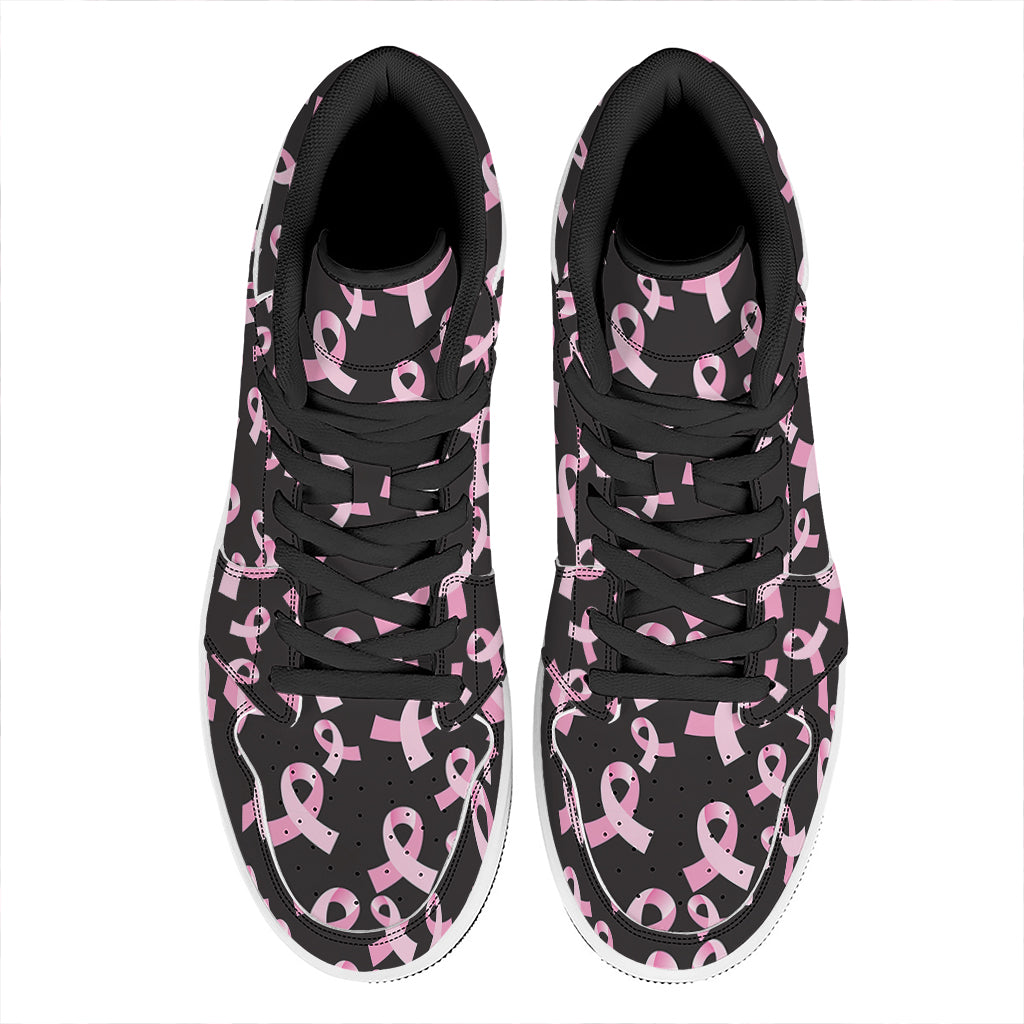Pink Breast Cancer Ribbon Pattern Print High Top Leather Sneakers