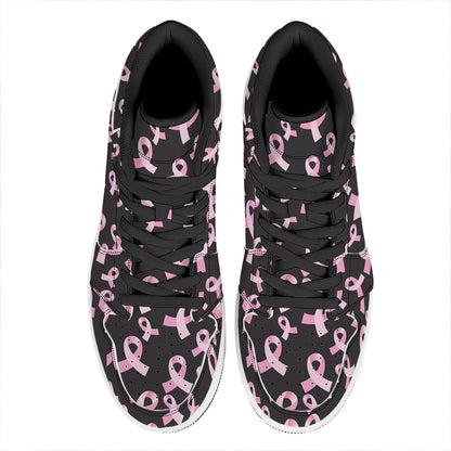 Pink Breast Cancer Ribbon Pattern Print High Top Leather Sneakers