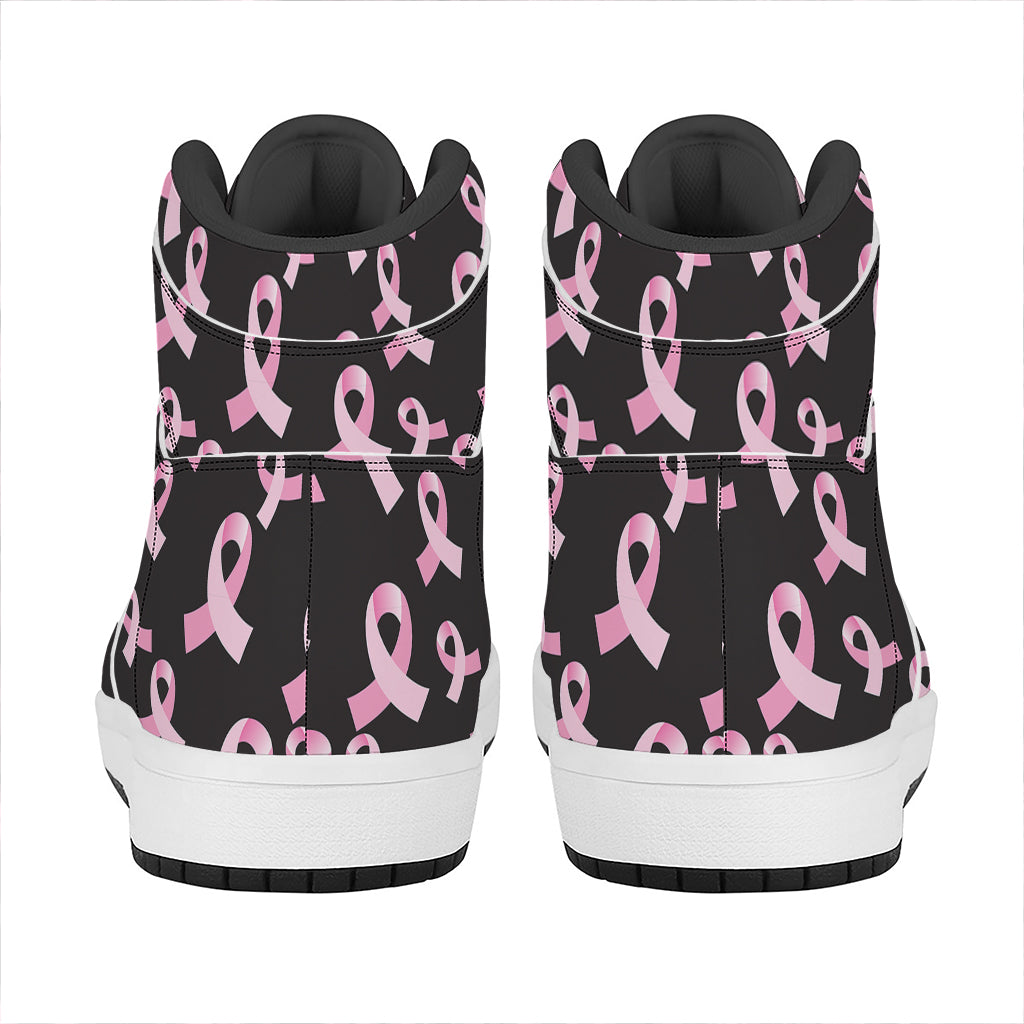 Pink Breast Cancer Ribbon Pattern Print High Top Leather Sneakers
