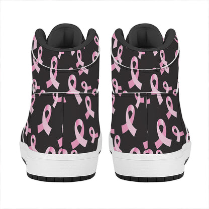 Pink Breast Cancer Ribbon Pattern Print High Top Leather Sneakers