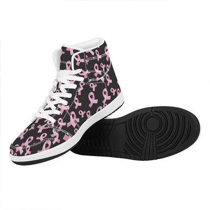 Pink Breast Cancer Ribbon Pattern Print High Top Leather Sneakers