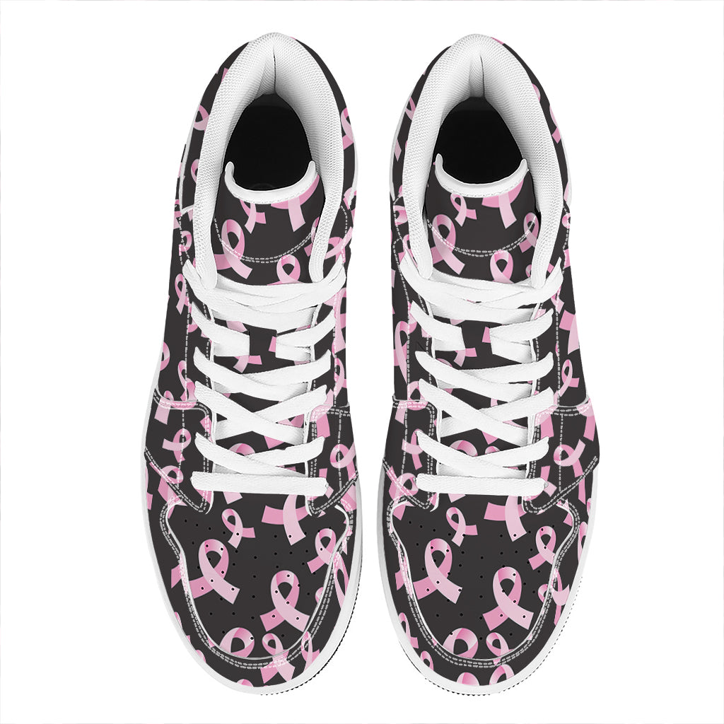 Pink Breast Cancer Ribbon Pattern Print High Top Leather Sneakers