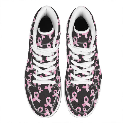 Pink Breast Cancer Ribbon Pattern Print High Top Leather Sneakers