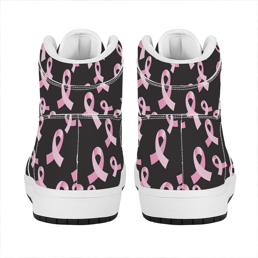 Pink Breast Cancer Ribbon Pattern Print High Top Leather Sneakers