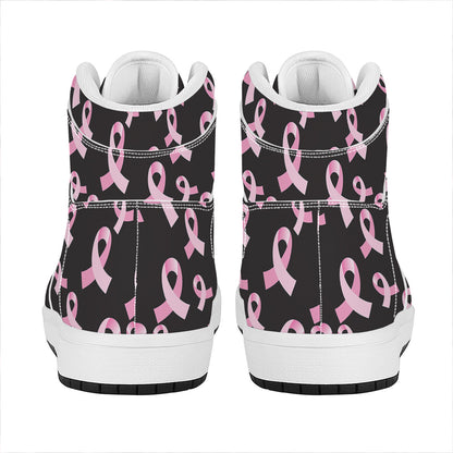 Pink Breast Cancer Ribbon Pattern Print High Top Leather Sneakers