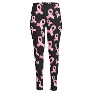 Pink Breast Cancer Ribbon Pattern Print High-Waisted Pocket Leggings