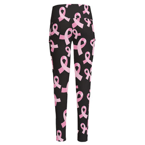 Pink Breast Cancer Ribbon Pattern Print High-Waisted Pocket Leggings