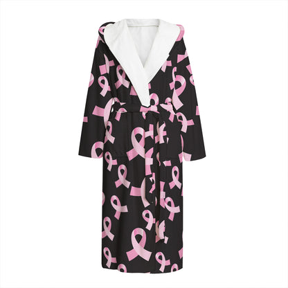 Pink Breast Cancer Ribbon Pattern Print Hooded Bathrobe