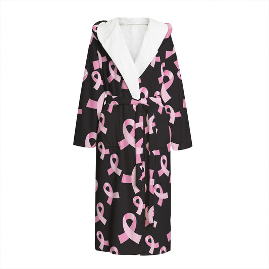 Pink Breast Cancer Ribbon Pattern Print Hooded Bathrobe