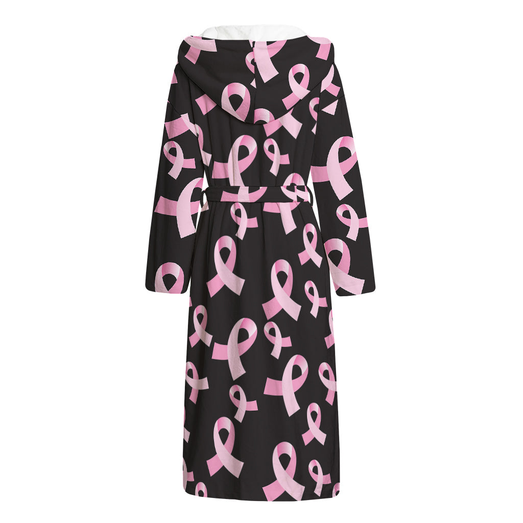 Pink Breast Cancer Ribbon Pattern Print Hooded Bathrobe