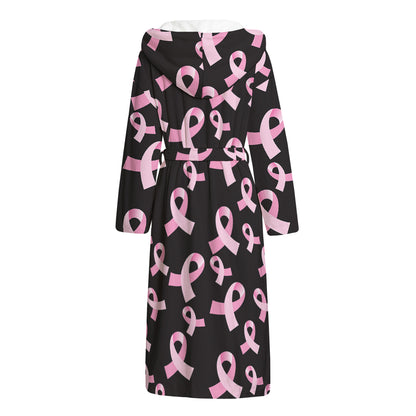 Pink Breast Cancer Ribbon Pattern Print Hooded Bathrobe