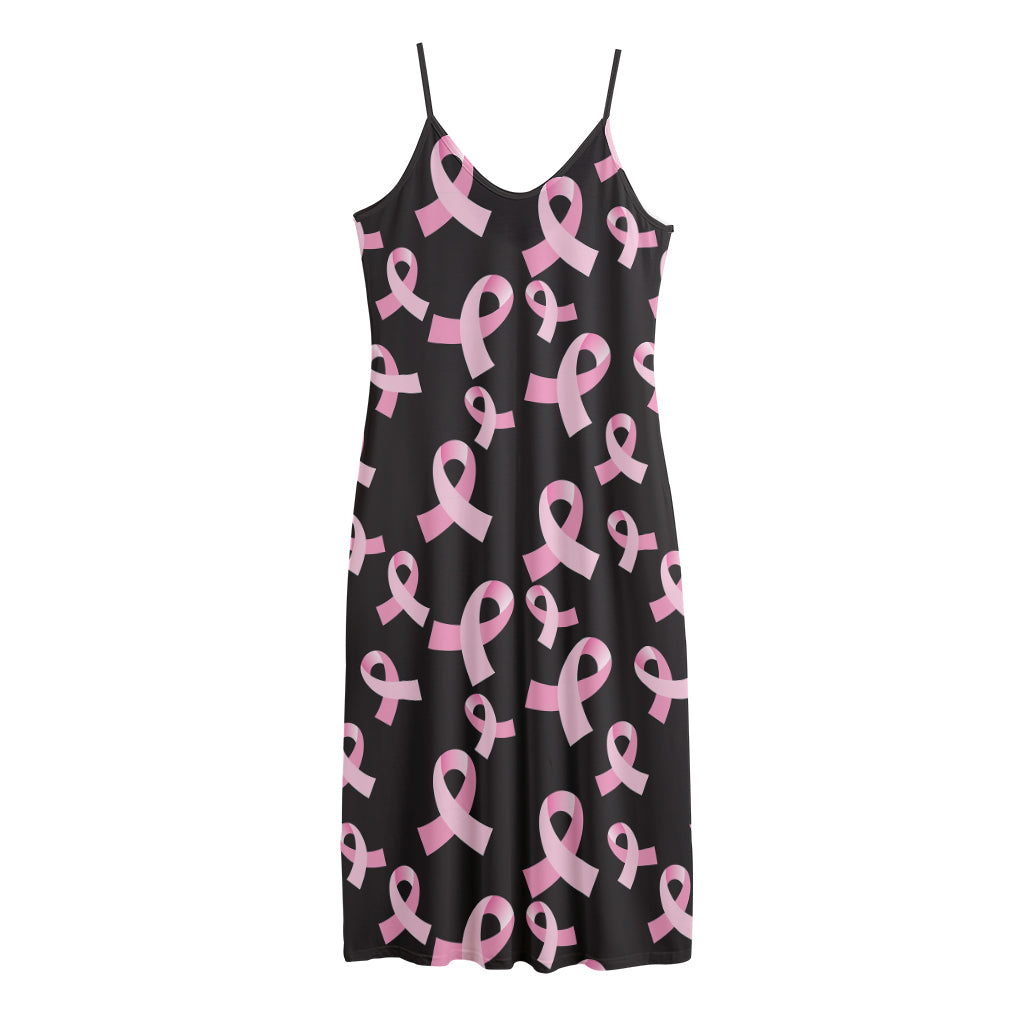 Pink Breast Cancer Ribbon Pattern Print Jersey Midi Cami Dress