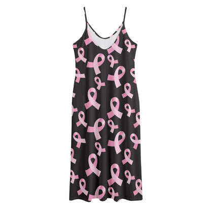 Pink Breast Cancer Ribbon Pattern Print Jersey Midi Cami Dress