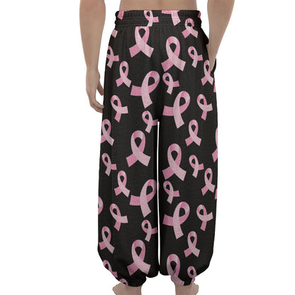 Pink Breast Cancer Ribbon Pattern Print Lantern Pants