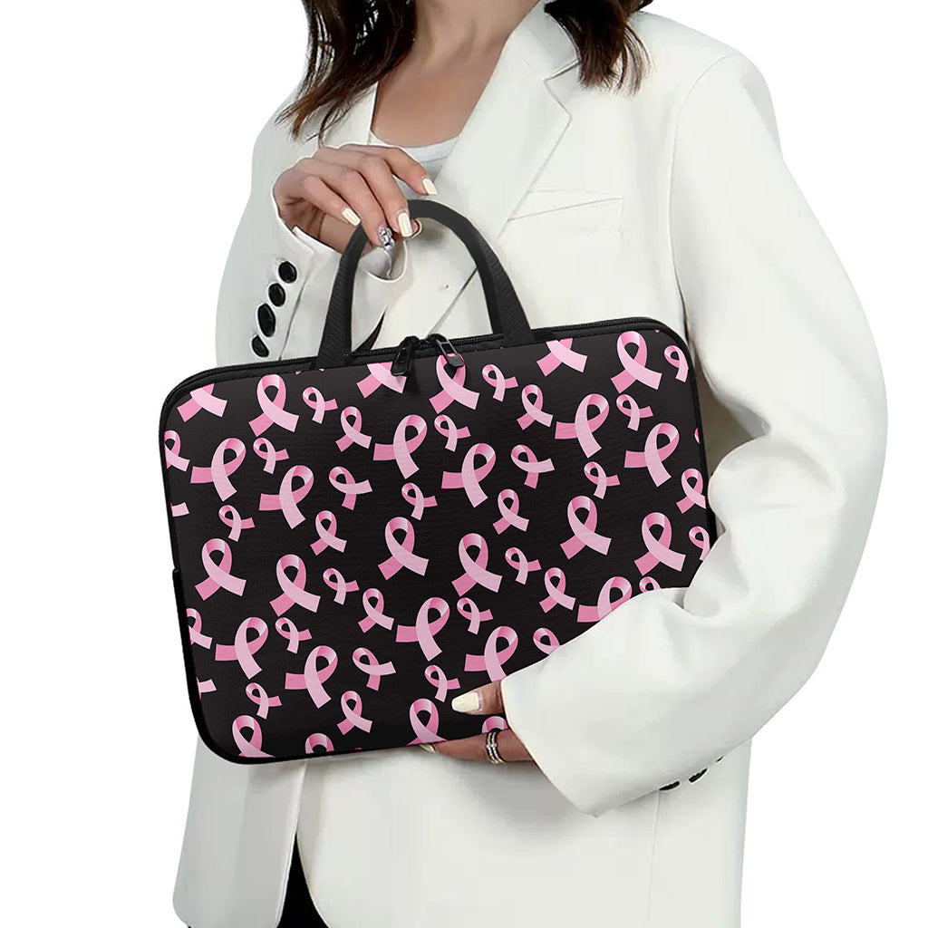 Pink Breast Cancer Ribbon Pattern Print Laptop Sleeve With Handle