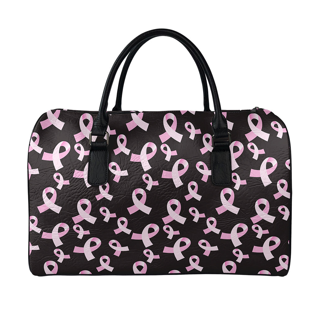 Pink Breast Cancer Ribbon Pattern Print Leather Duffle Bag