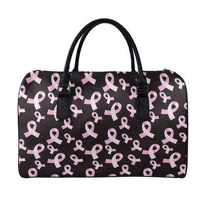 Pink Breast Cancer Ribbon Pattern Print Leather Duffle Bag
