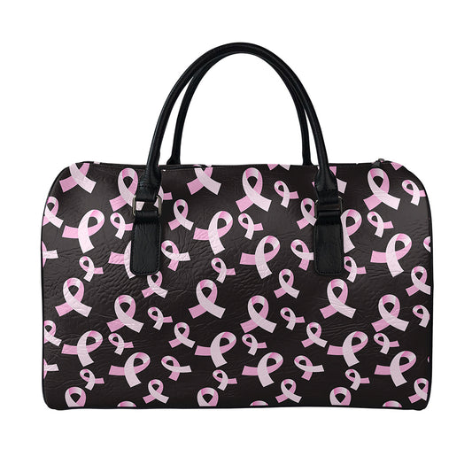 Pink Breast Cancer Ribbon Pattern Print Leather Duffle Bag