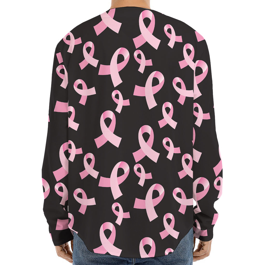 Pink Breast Cancer Ribbon Pattern Print Long Sleeve Baseball Jersey