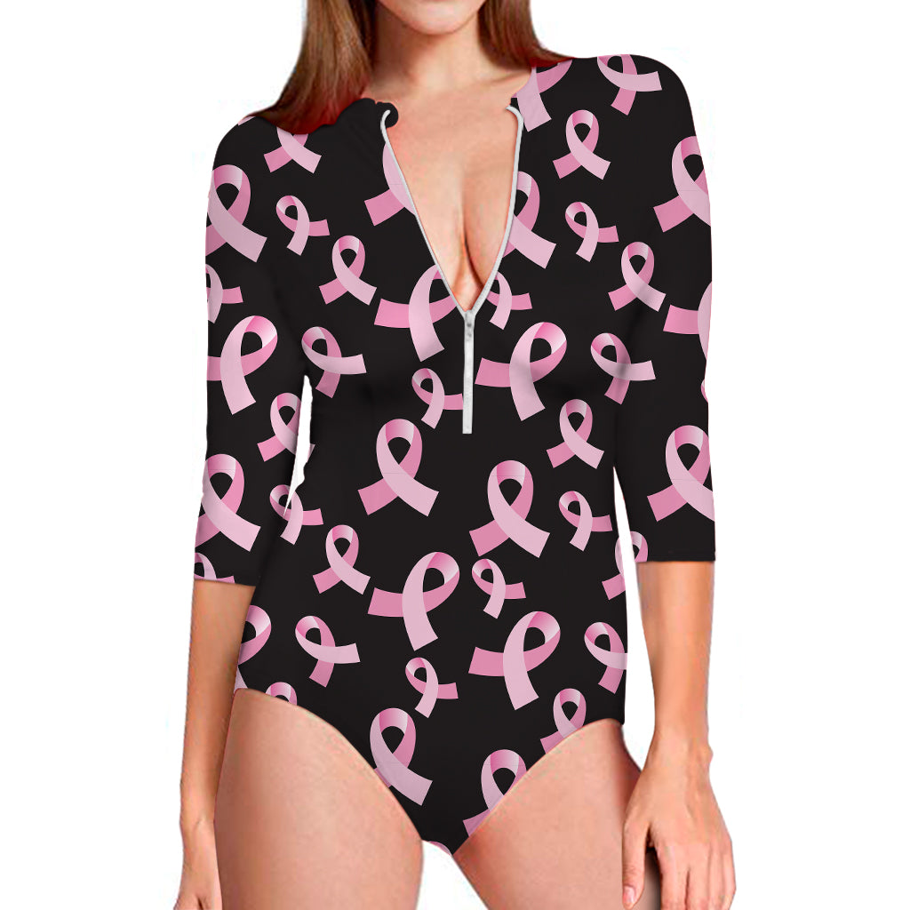 Pink Breast Cancer Ribbon Pattern Print Long Sleeve Swimsuit