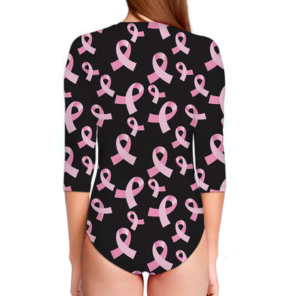 Pink Breast Cancer Ribbon Pattern Print Long Sleeve Swimsuit