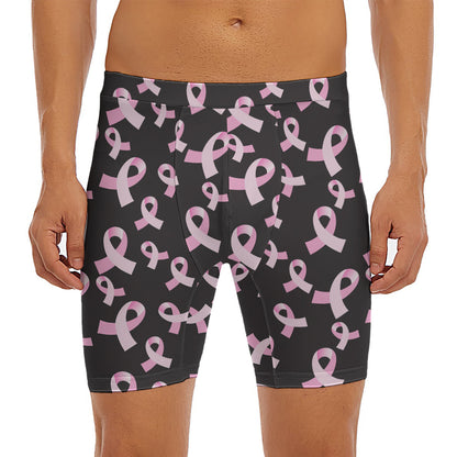 Pink Breast Cancer Ribbon Pattern Print Men's Long Boxer Briefs
