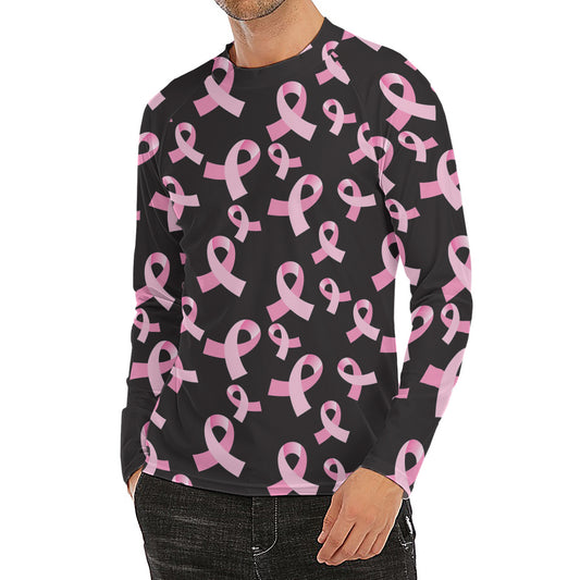 Pink Breast Cancer Ribbon Pattern Print Men's Long Sleeve Rash Guard