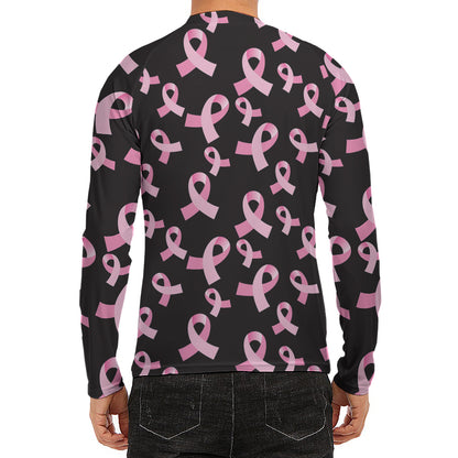 Pink Breast Cancer Ribbon Pattern Print Men's Long Sleeve Rash Guard
