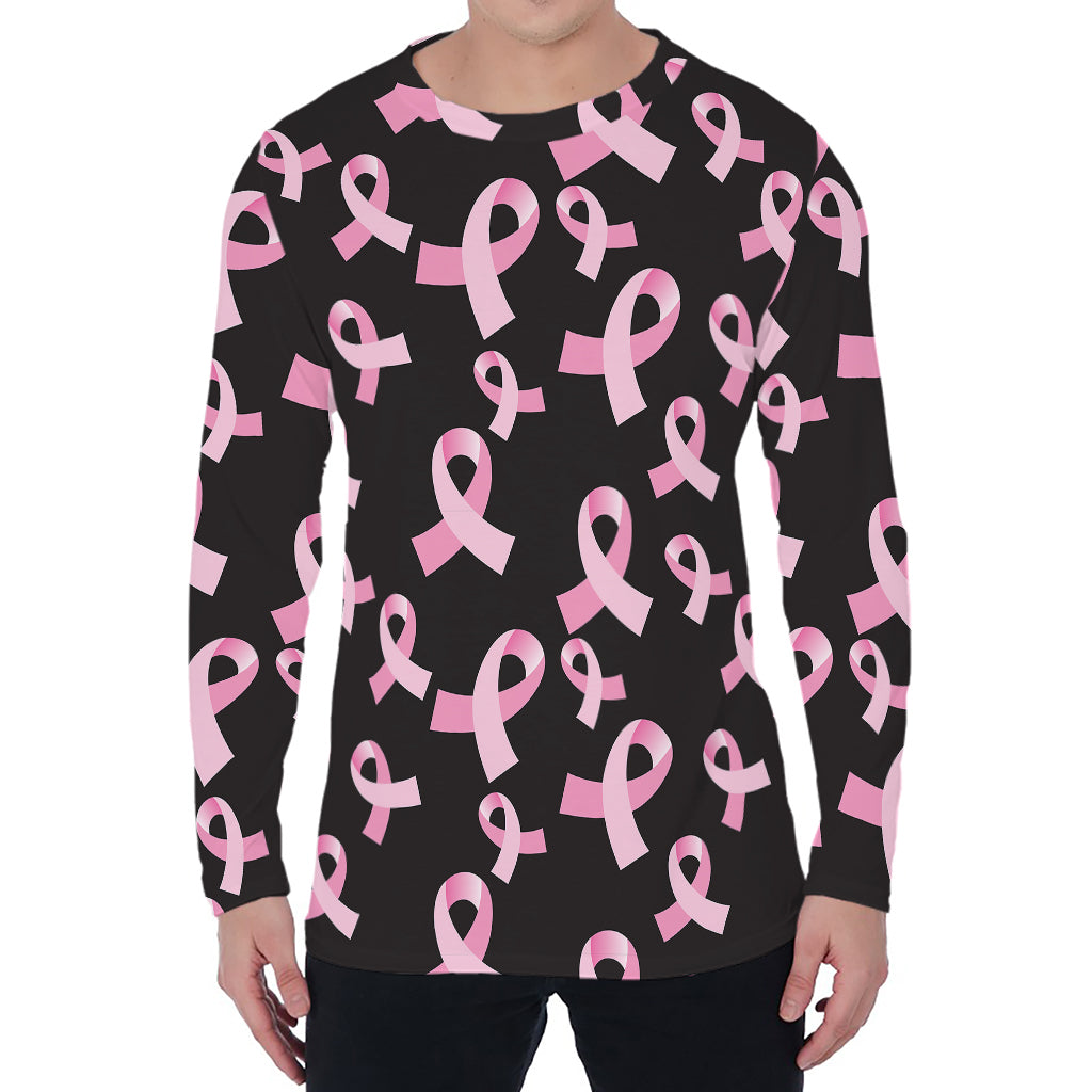 Pink Breast Cancer Ribbon Pattern Print Men's Long Sleeve T-Shirt