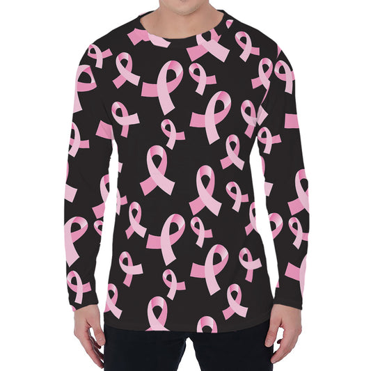 Pink Breast Cancer Ribbon Pattern Print Men's Long Sleeve T-Shirt