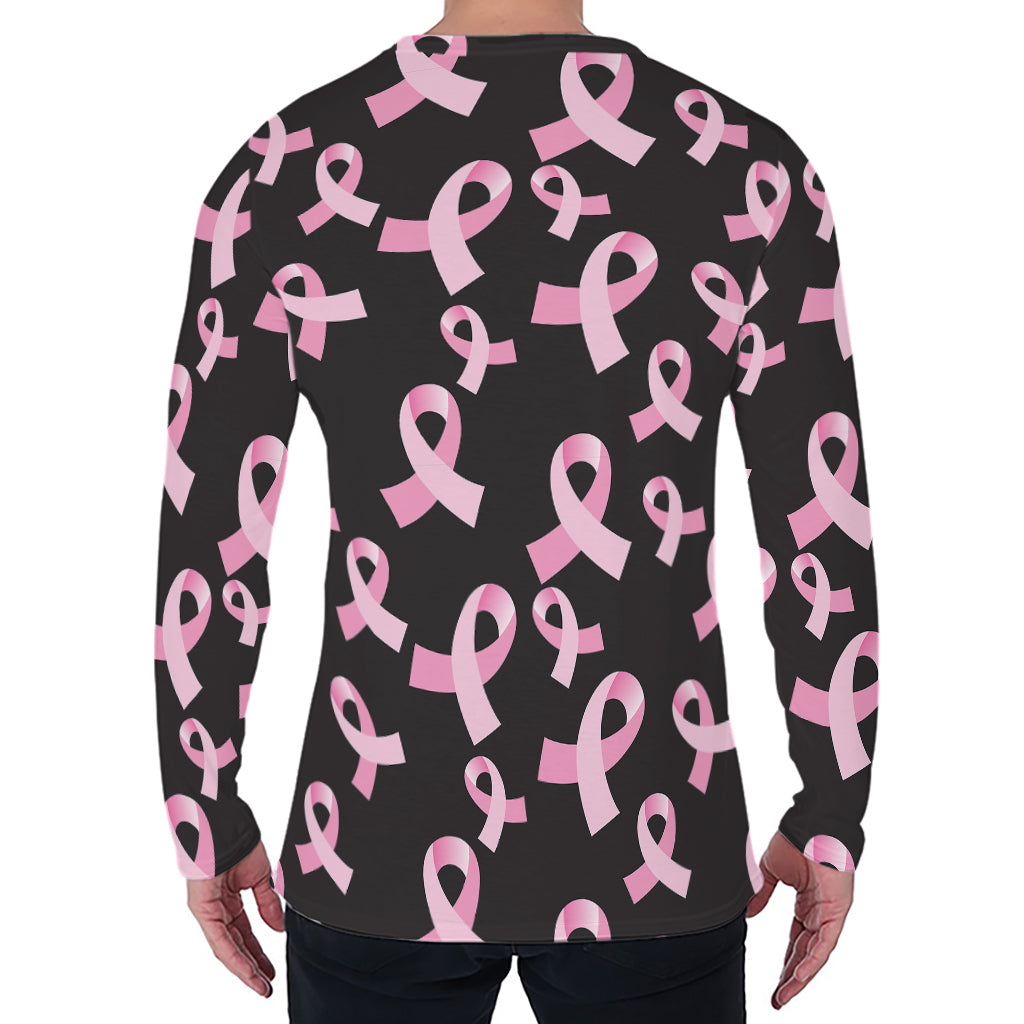 Pink Breast Cancer Ribbon Pattern Print Men's Long Sleeve T-Shirt