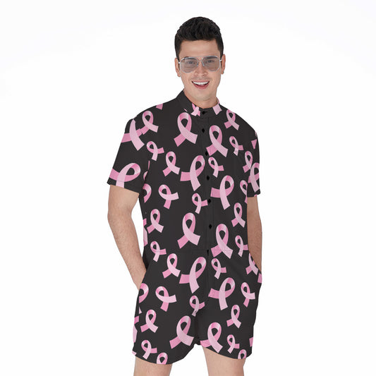 Pink Breast Cancer Ribbon Pattern Print Men's Rompers