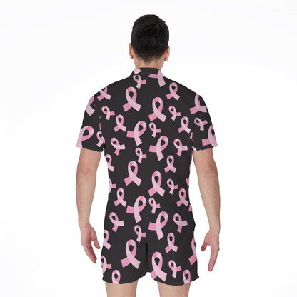 Pink Breast Cancer Ribbon Pattern Print Men's Rompers