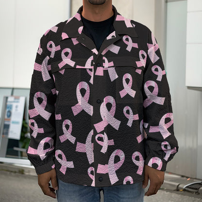 Pink Breast Cancer Ribbon Pattern Print Men's Shirt Jacket