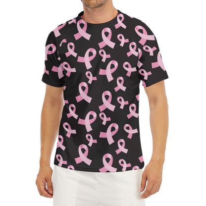 Pink Breast Cancer Ribbon Pattern Print Men's Short Sleeve Rash Guard